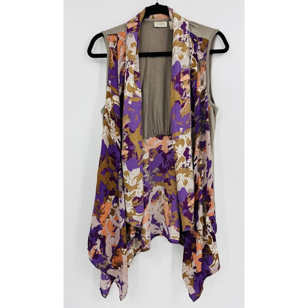 LOGO Lori Goldstein Floral Chiffon Vest Knit Open Long Large Handkerchief Hem